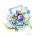 blue butterfly on purple daffodils tattoo design idea