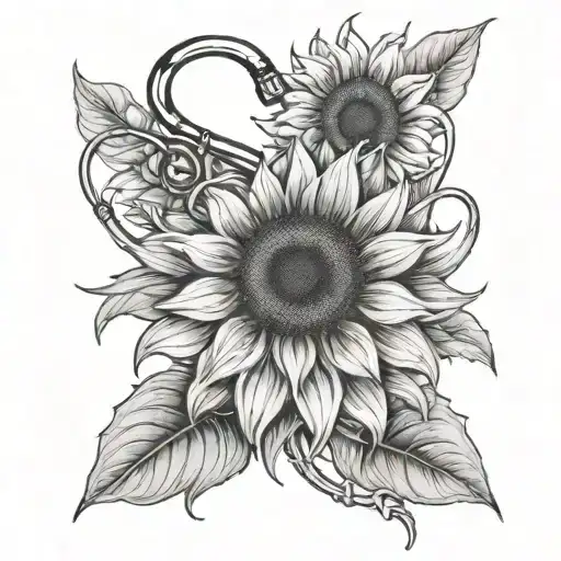 A black-grey tattoo of a heart-shaped sunflower with a subtle stethoscope motif, reflecting the passion for teaching and healing tattoo design idea