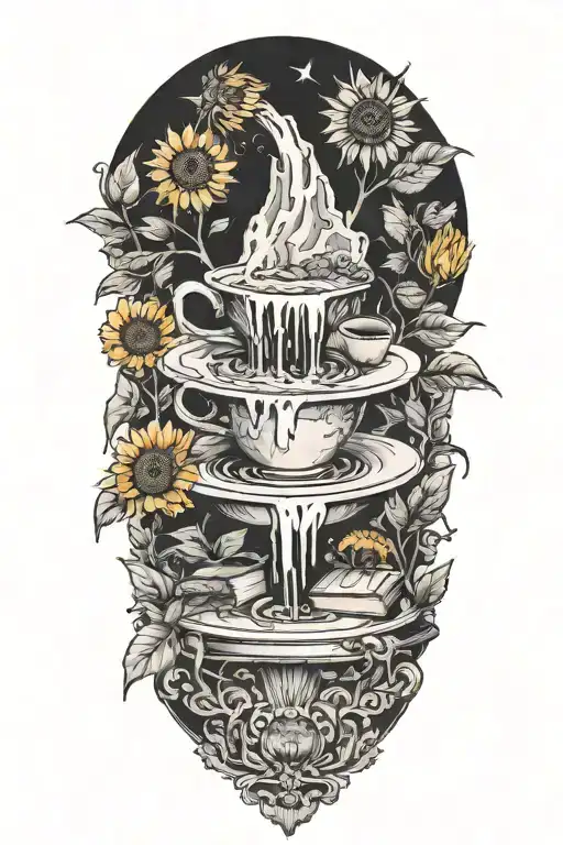 mountain with a waterfall of book that is steaming out of a cup of coffee amd surrounded by sunflowers tattoo design idea