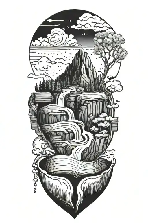 Mountains in a human heart with a book stack waterfall tattoo design idea