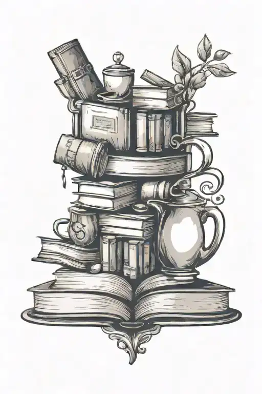 A detailed illustration of a heart-shaped bookshelf filled with books and a coffee pot, symbolizing the joy of reading and coffee tattoo design idea