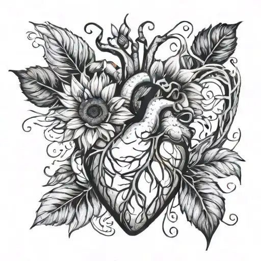 A stylized human heart with sunflower petals as veins, blending the love for teaching with the beauty of nature tattoo design idea