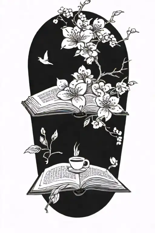 An open book with intricate coffee bean patterns and a small cherry blossom branch, blending the love for reading, coffee, and nature tattoo design idea