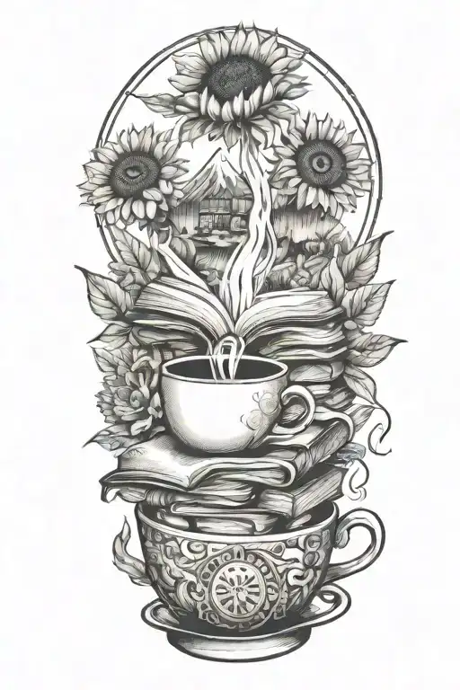 mountain with a waterfall of books that is steaming out of a cup of coffee and surrounded by sunflowers tattoo design idea