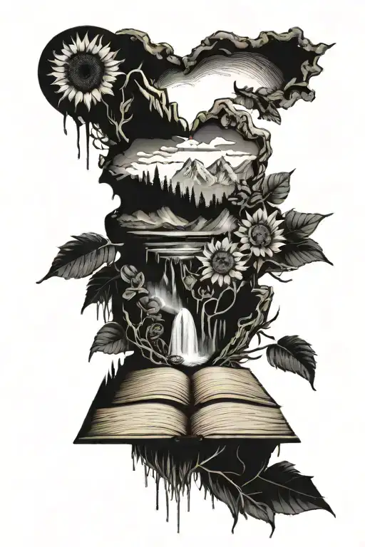 human heart, mountain,  nature, storm, sunflower, book stack waterfall  tattoo design idea