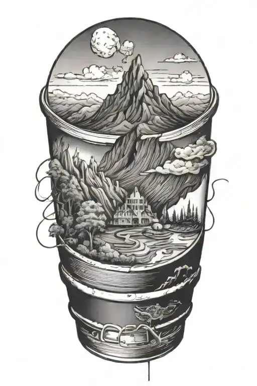 mountain coming out of a coffee cup on top of a stack of books that is created out of a human heart  tattoo design idea