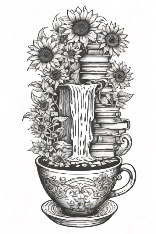 mountain with a waterfall of books that is steaming out of a cup of coffee and surrounded by sunflowers tattoo design idea