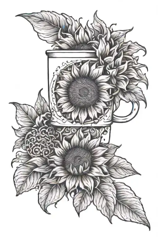 one coffee cup and sunflowers tattoo design idea