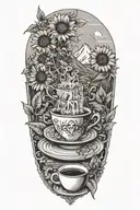 mountain with a waterfall of book that is steaming out of a cup of coffee amd surrounded by sunflowers tattoo design idea