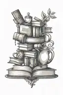 A detailed illustration of a heart-shaped bookshelf filled with books and a coffee pot, symbolizing the joy of reading and coffee tattoo design idea