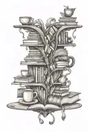 A detailed illustration of a heart-shaped bookshelf filled with books and a coffee pot, symbolizing the joy of reading and coffee tattoo design idea