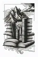 A stack of books with intricate details and a mountain range in the background tattoo design idea
