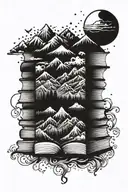 A stack of books with intricate details and a mountain range in the background tattoo design idea