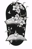 An open book with intricate coffee bean patterns and a small cherry blossom branch, blending the love for reading, coffee, and nature tattoo design idea