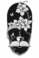An open book with intricate coffee bean patterns and a small cherry blossom branch, blending the love for reading, coffee, and nature tattoo design idea