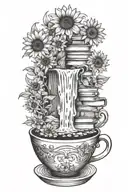mountain with a waterfall of books that is steaming out of a cup of coffee and surrounded by sunflowers tattoo design idea