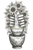 mountain with a waterfall of books that is steaming out of a cup of coffee and surrounded by sunflowers tattoo design idea
