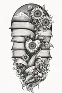 Mountains in a human heart with a book stack waterfall and sunflowers  tattoo design idea