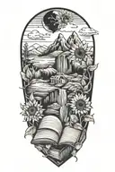 Mountains in a human heart with a book stack waterfall and sunflowers  tattoo design idea