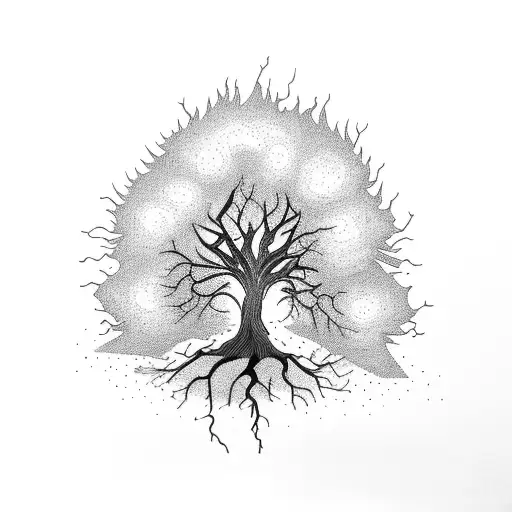 tree on fire with lightning hitting it tattoo design idea