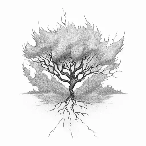 tree on fire with lightning hitting it tattoo design idea