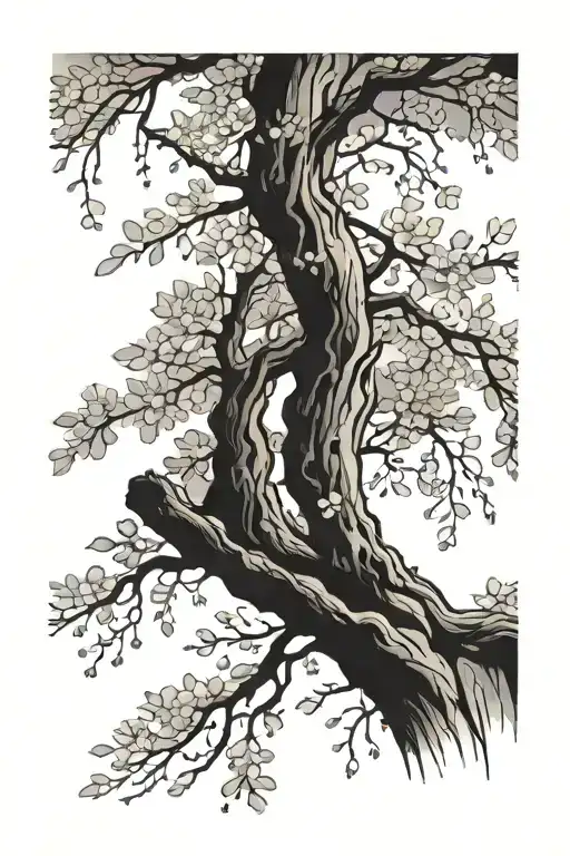 tattoo of weeping cherry tree,  mid upper back, moving into the neck a little, mostly black and white, hints of color tattoo design idea