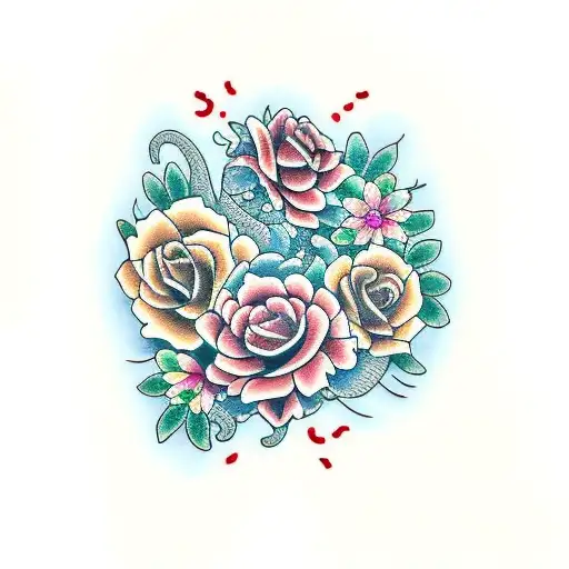 G J R in capitals with vines, daisy, lily and rose tattoo design idea