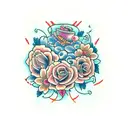 G J R in capitals with vines, daisy, lily and rose tattoo design idea