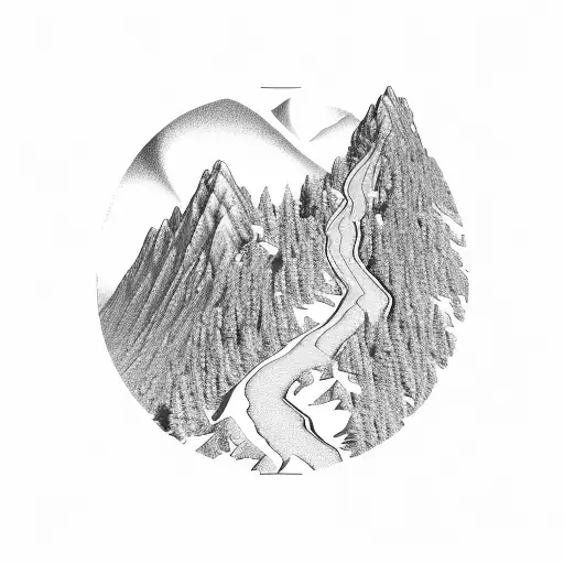 A black-grey mountain range landscape with a cross-shaped pathway leading towards the horizon, adorned with realistic roses in various stages of bloom. tattoo design idea