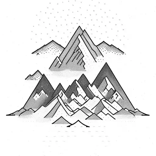 A majestic mountain range with a cross nestled among the peaks, surrounded by a bed of vibrant roses. tattoo design idea