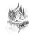 A black-grey mountain range landscape with a cross-shaped pathway leading towards the horizon, adorned with realistic roses in various stages of bloom. tattoo design idea