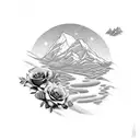 A black-grey mountain range landscape with a cross-shaped pathway leading towards the horizon, adorned with realistic roses in various stages of bloom. tattoo design idea