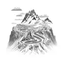 A black-grey mountain range landscape with a cross-shaped pathway leading towards the horizon, adorned with realistic roses in various stages of bloom. tattoo design idea