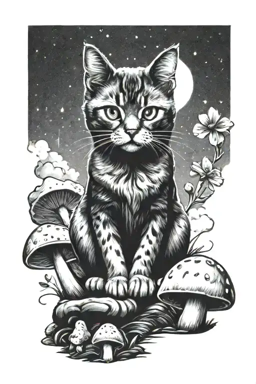 small sad cat sitting by mushrooms with the night sky above tattoo design idea