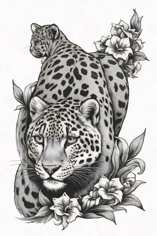 Snow leopard and girl with their backs to the camera surrounded by gladiolus flowers looking up to the night sky tattoo design idea