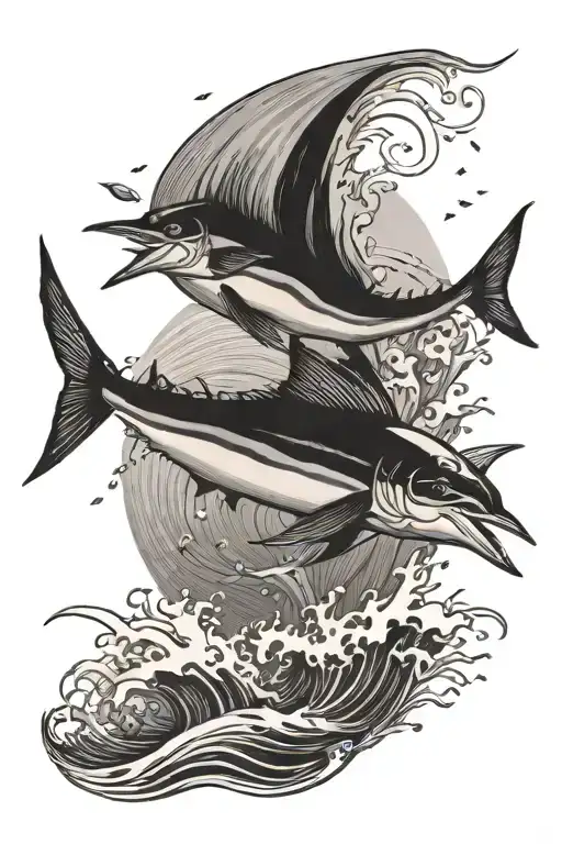 ocean sunset with marlin jumping  tattoo design idea