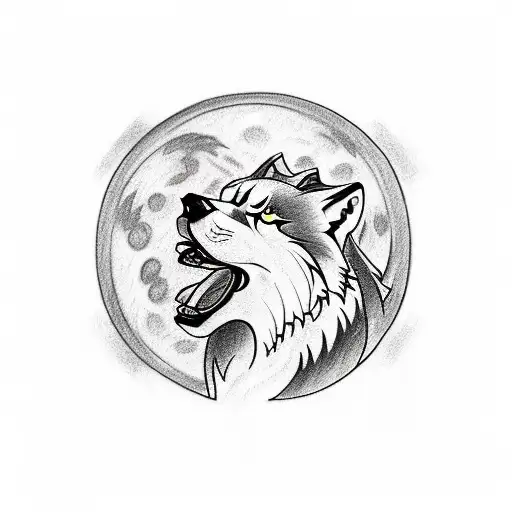 A sketch-style tattoo depicting a wolf howling at a full moon with Japanese calligraphy for 'resilience' in the background tattoo design idea