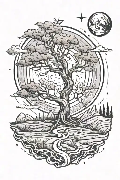 life as tree with ground with grass looking above sun with moon, hills tattoo design idea