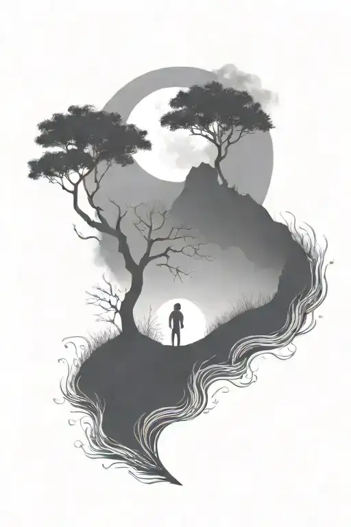 rich tree of life with ground with grass looking above sun with moon, hills, lonely person tattoo design idea