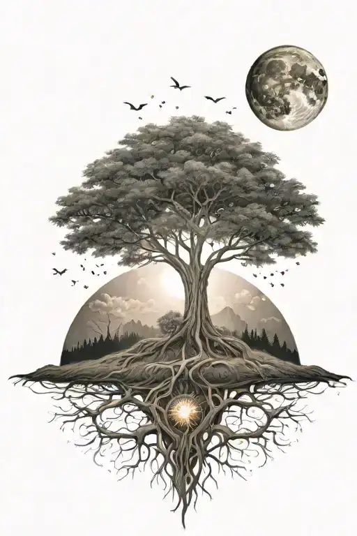 A majestic tree of life with the sun and half moon as its roots and branches, hill landscape, ground with grass, stars tattoo design idea