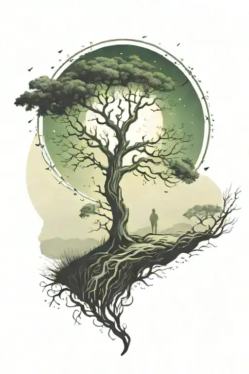 rich tree of life with ground with grass looking above sun with moon with lonely person, hills landscape, green leaves tattoo design idea
