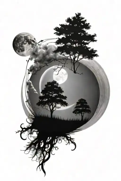 life as tree with ground with grass looking above sun with moon, hills tattoo design idea