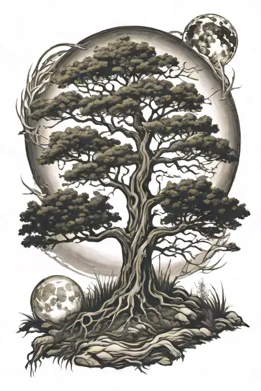 Life Of Tree With Ground With Grass, Hills, Sun, Moon tattoo design idea