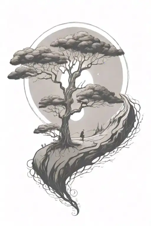 rich tree of life with ground with grass looking above sun with moon with lonely person, hills tattoo design idea