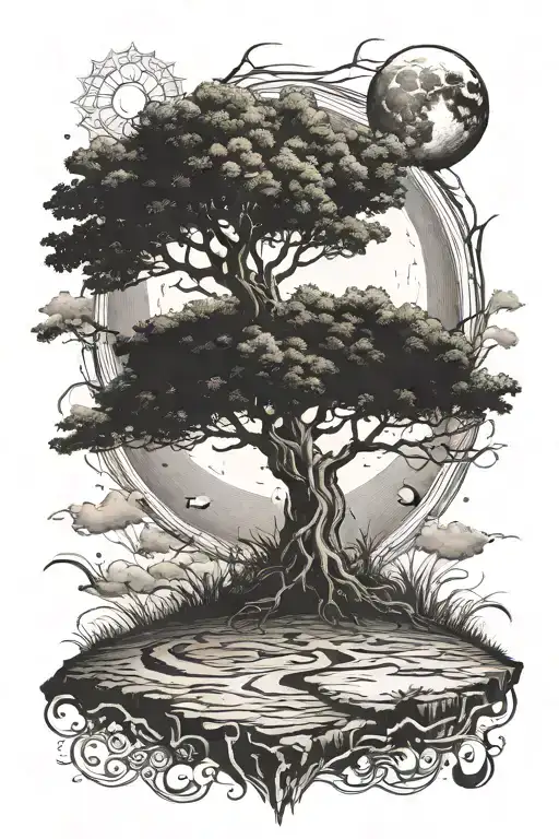 life of tree with ground with grass, hills, sun, moon tattoo design idea
