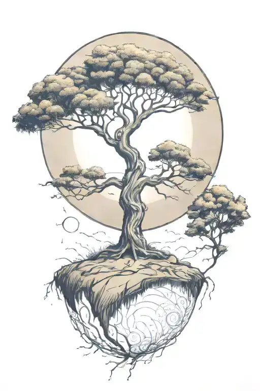 rich tree of life with ground with grass looking above sun with moon with lonely person, hills tattoo design idea