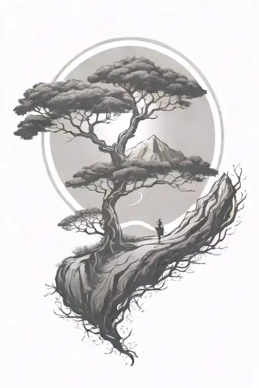 rich tree of life with ground with grass looking above sun with moon with lonely person, hills tattoo design idea