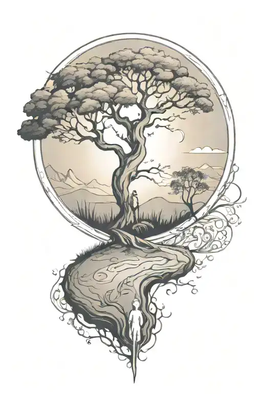 rich tree of life with ground with grass looking above sun with moon with lonely person, hills tattoo design idea