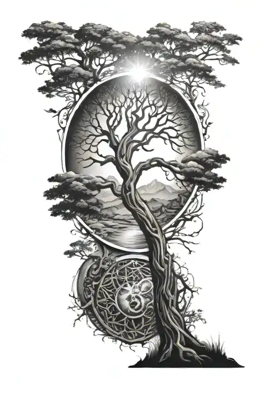 rich majestic tree of life with ground with grass, moon with sun, hills, irregular margins tattoo design idea
