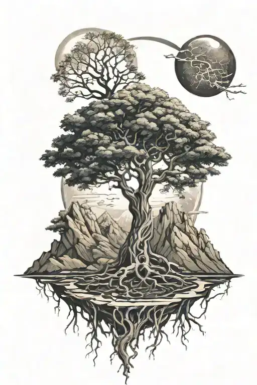 A majestic tree of life with the sun and moon as its roots and branches, mountain landscape tattoo design idea